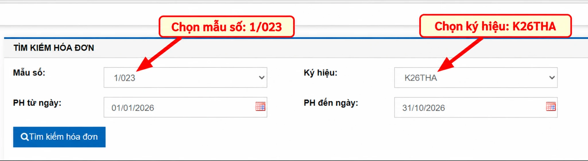 Hướng dẫn chọn mẫu số 1/023 và ký hiệu K26THA khi tra cứu hóa đơn VNPT Cần Thơ